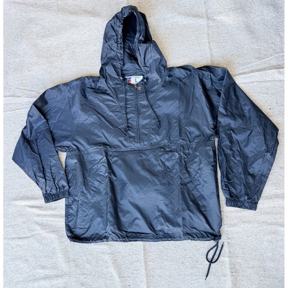 Mens Sz Large Russell Athletic Navy Blue 1/2 Zip Windbreak Jacket Hooded Pullove